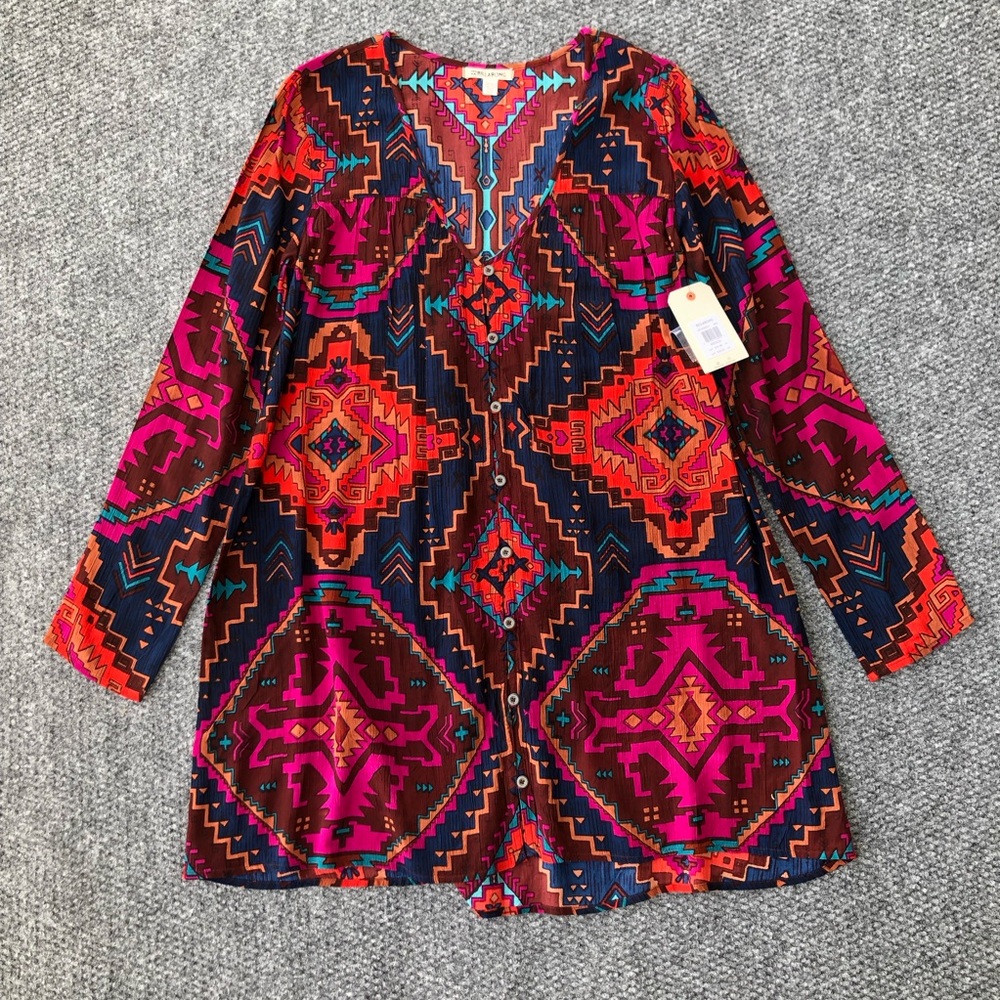 Billabong multicolor geometric print vneck button down dress size M